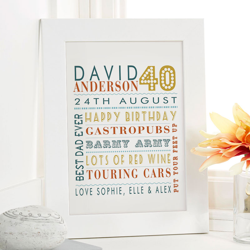 Details about   40th Birthday Gift Personalised Print Custom Print Birthday Gift Idea 