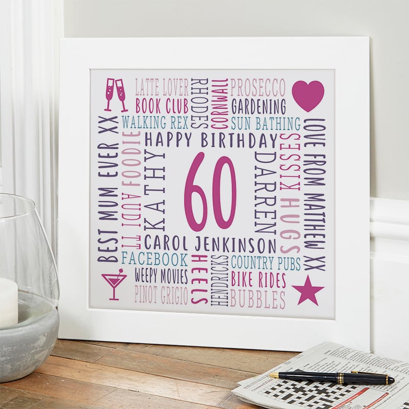 Personalised 60th Birthday Gift Word Art For Her Mum Auntie Any Number 70th 80th