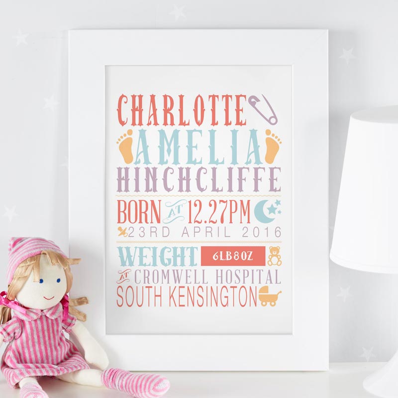 personlaised baby nursery room framed poster print